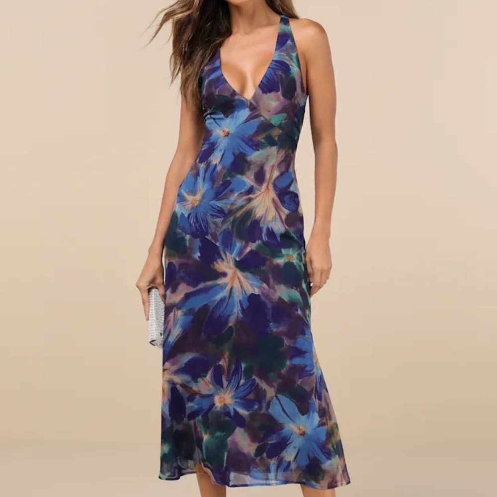 NWT - Lulus Delight in Elegance Blue Multi Floral Halter Cutout Midi Dre…